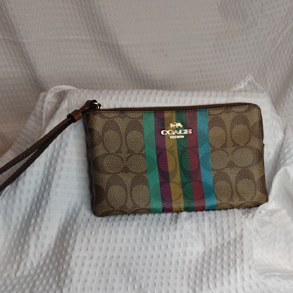 Coach Large Corner Zip Wristlet In Signature Canvas with Vibrant Stripes NWOT
